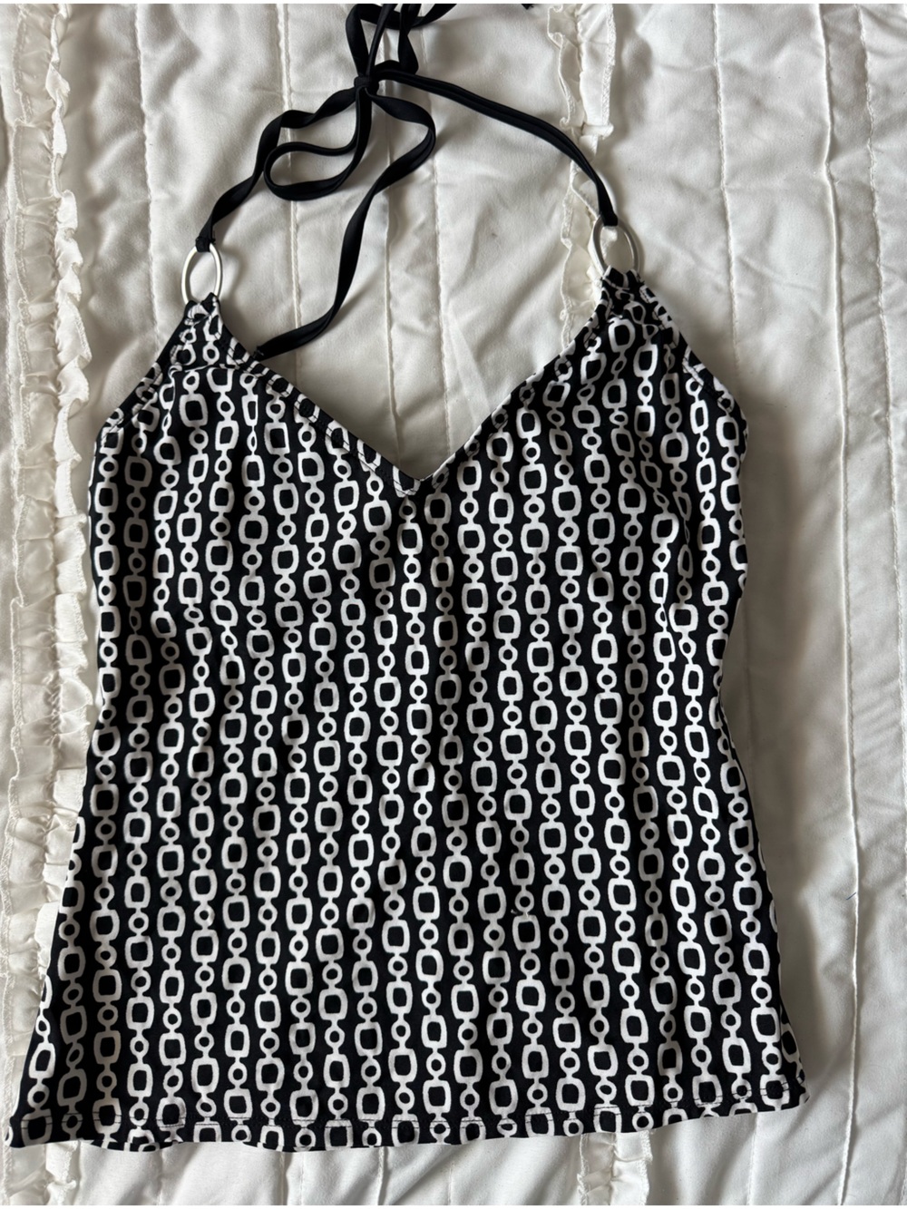 SPEEDO Women’s Black White geometric design V-Neck Tankini Halter Swim Top, 10